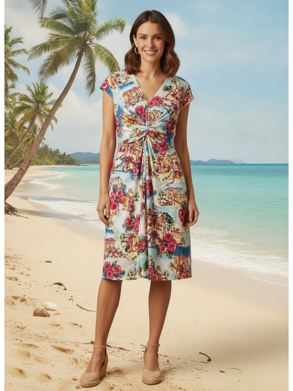 Antonio Melani Watercolor Italian Village Twist Front  Knee-Length Dress Size M